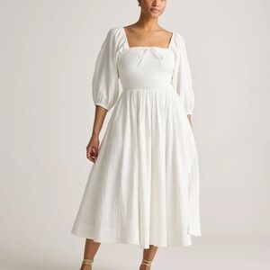 Quince 100% Organic Cotton Gauze Smocked Square Neck Midi Dress - White NWT